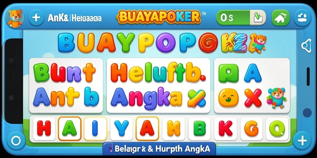 Tampilan antarmuka aplikasi BUAYAPOKER yang menarik dan interaktif untuk belajar huruf dan angka.